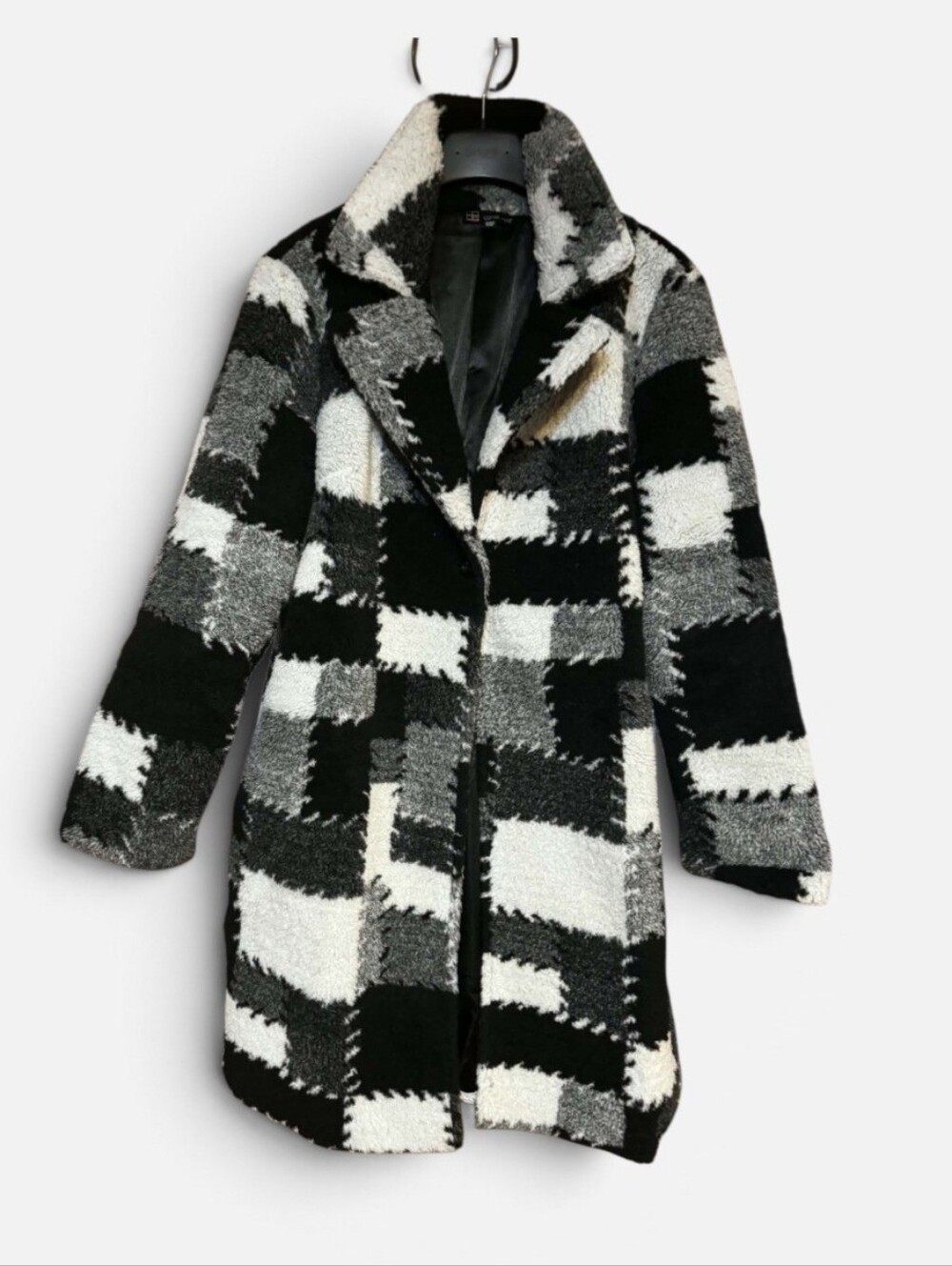 Carre Noir Plaid Teddy Coat - Black & White Faux Shearling Jacket And Wool Sz M